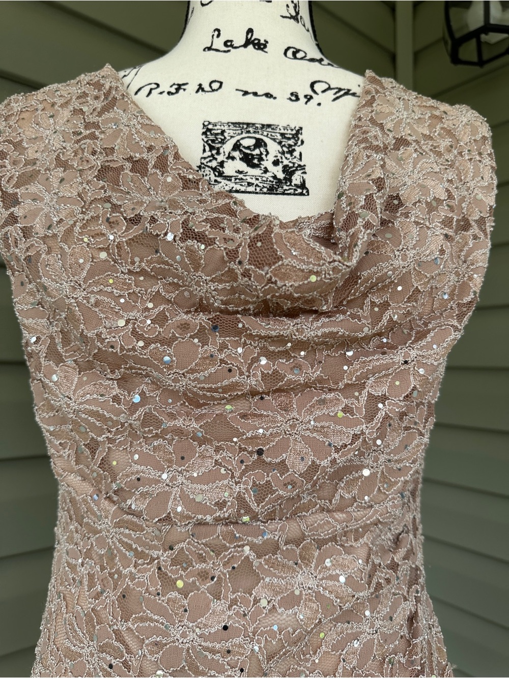 connected apparel Taupe Lace sparkly Cowl Neck Sheath Dress size 10 stretchy - Picture 6 of 13